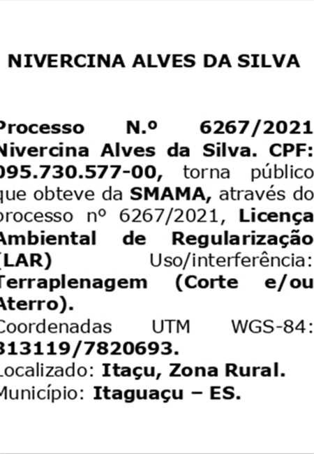 LICENÇA AMBIENTAL OBTIDA - NIVERCINA ALVES DA SILVA